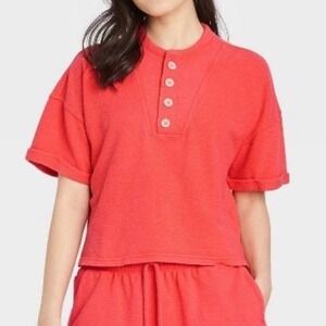Universal Thread‎ Coral Orange Terry Knit Henley Top Medium